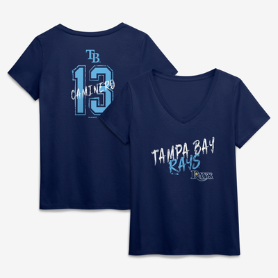 Junior Caminero Tampa Bay Rays Women's Hustle Name & Number V-Neck T-Shirt - Navy