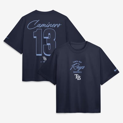 Junior Caminero Tampa Bay Rays Nike Women's Premium Essentials Boxy Name & Number T-Shirt - Navy