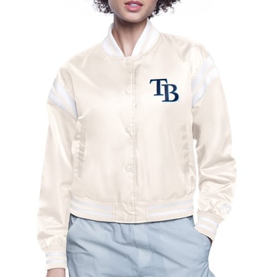  Tampa Bay Rays Starter Women's Printed Logo Cropped Satin Varsity Full-Snap Jacket - Cream
