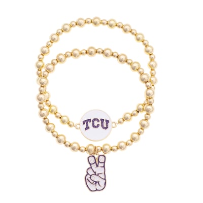 TCU Horned Frogs CANVAS Style Stretch Ball Bead Bracelet Set of Two