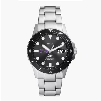TCU Horned Frogs Fossil Blue Dive Three-Hand Date Stainless Steel Watch - Silver