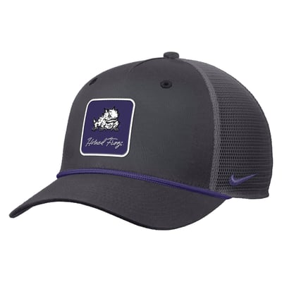  TCU Horned Frogs Nike Primetime Logo Script Rise Rope Trucker Adjustable Hat - Anthracite