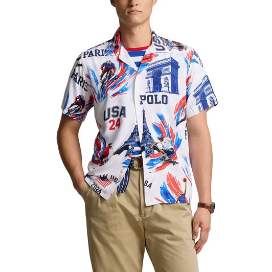 Team USA Polo Ralph Lauren 2024 Summer Olympics Villagewear Allover Print Short Sleeve Button-Down Shirt - Blue