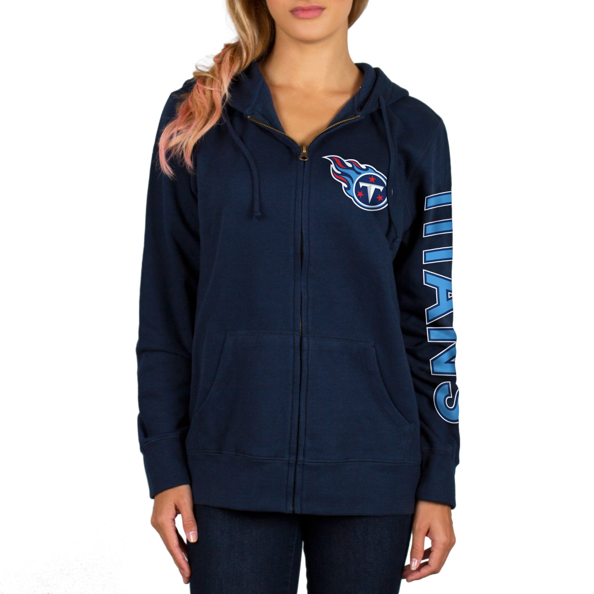 Women's Tennessee Titans Navy Extra Point Two-Hit Full-Zip Hoodie