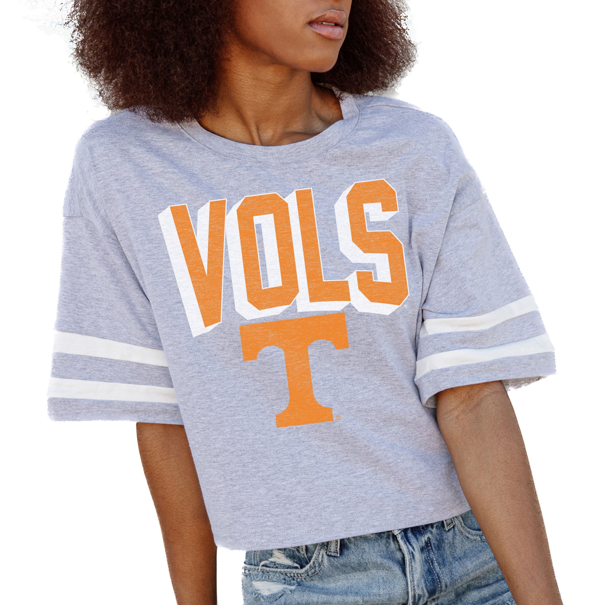 Women's Gameday Couture Gray Tennessee Volunteers No Shortcuts Drop Shoulder Sleeve Stripe Cropped T-Shirt