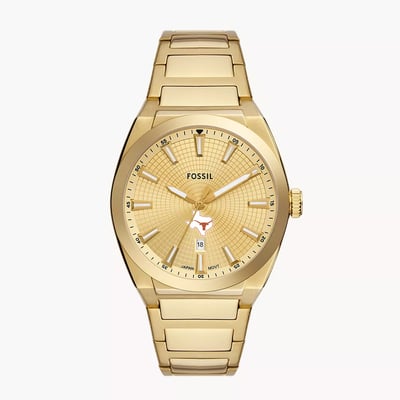  Texas Longhorns Fossil Everett Three-Hand Date  Stainless Steel Watch - Gold