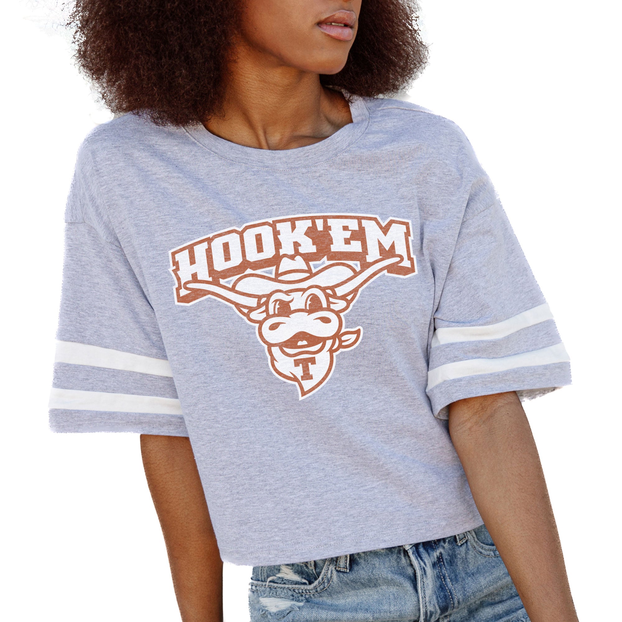Women's Gameday Couture Gray Texas Longhorns No Shortcuts Drop Shoulder Sleeve Stripe Cropped T-Shirt
