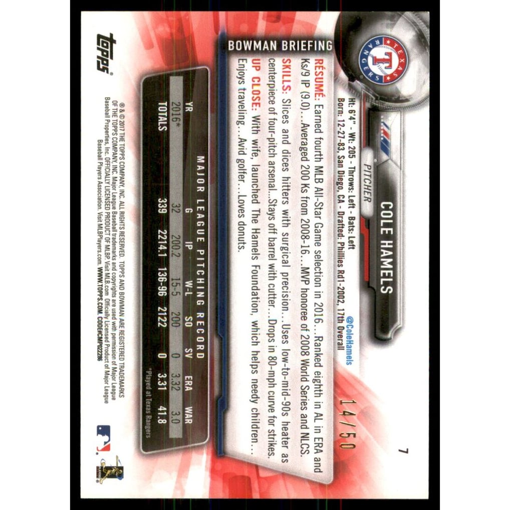 2017 Bowman Gold #7 Cole Hamels
