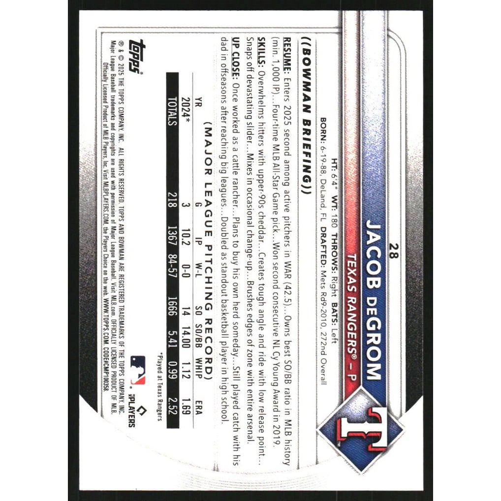 2025 Bowman Blue #28 Jacob deGrom