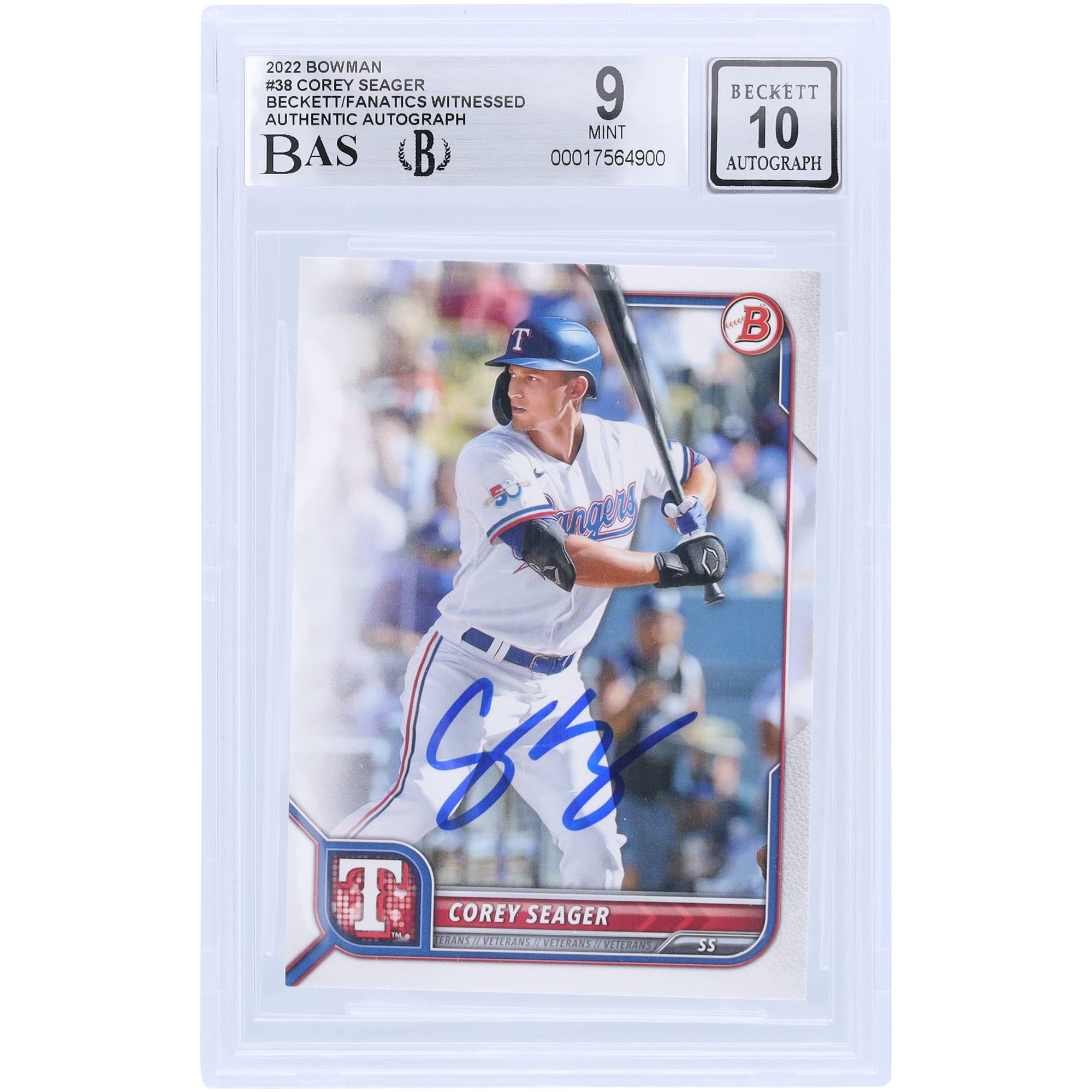 Corey Seager Texas Rangers Autographed 2022 Bowman #38 Beckett 
