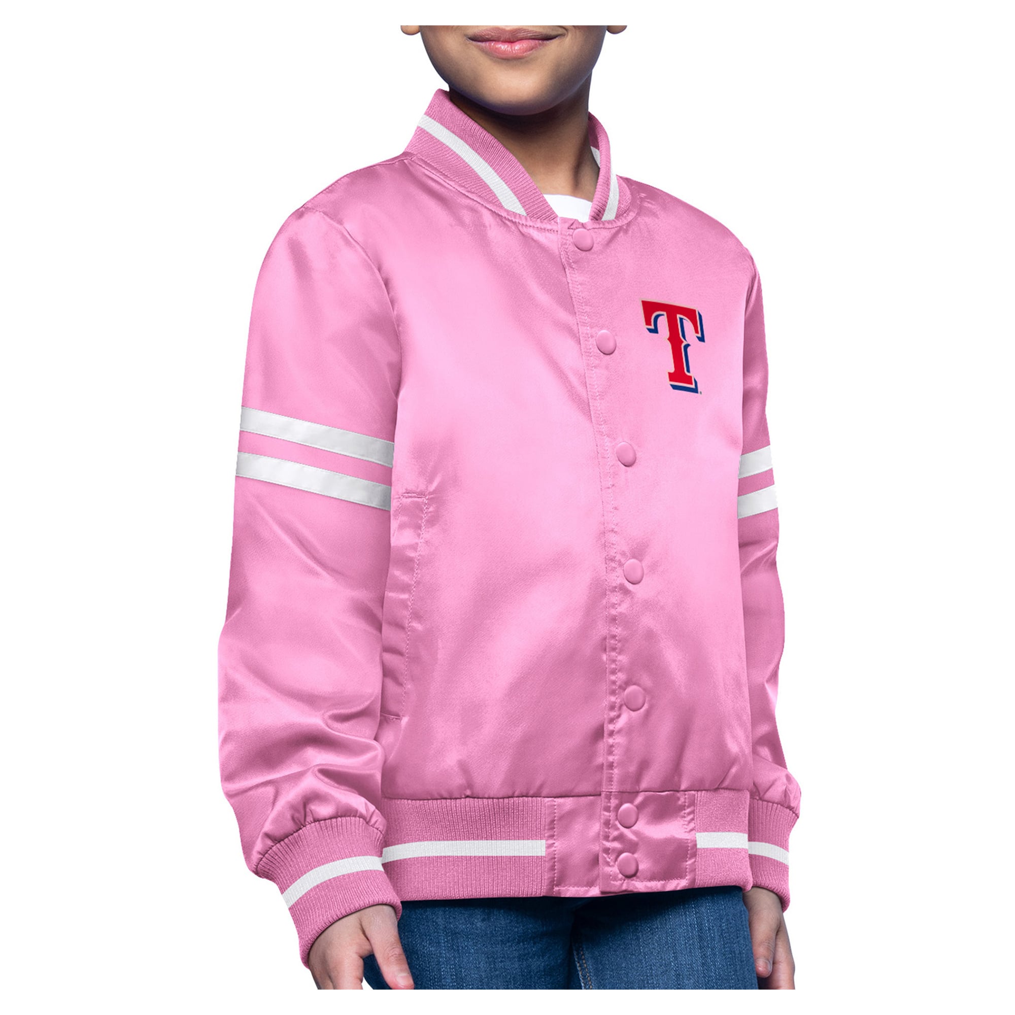 Girls Youth Texas Rangers Starter Pink Printed Logo Satin Varsity Full ...