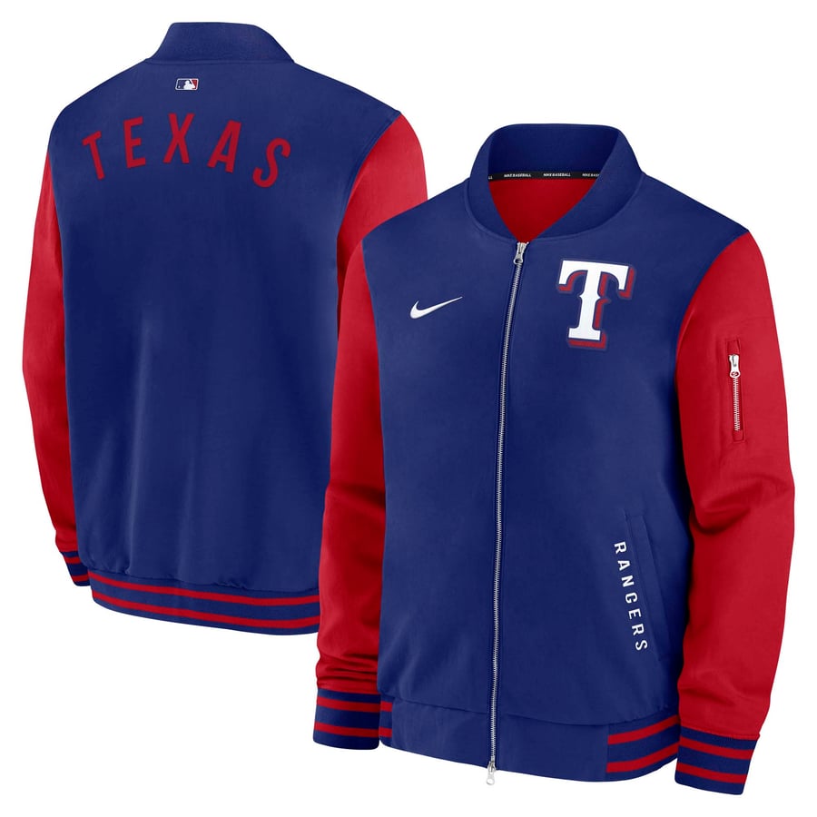 Texas Instrument Jacket Men's Texas Rangers Nike Royal/Red Authentic Collection Dugout Relaxed ...