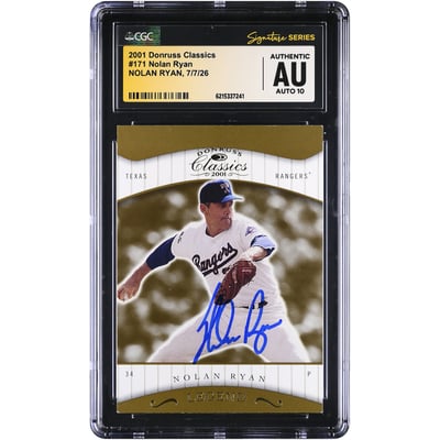 Nolan Ryan Texas Rangers Autographed 2001 Donruss Classics #171 #/1500 CGC Fanatics Witnessed Authenticated AUTO 10 Card