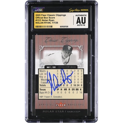 Nolan Ryan Texas Rangers Autographed 2005 Fleer Classic Clippings Official Box Score #1CC #/1991 CGC Fanatics Witnessed Authenticated AUTO 10 Card
