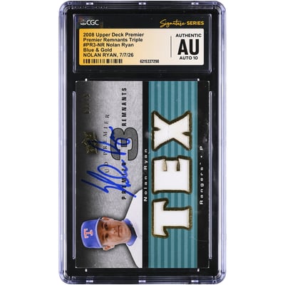 Nolan Ryan Texas Rangers Autographed 2008 Upper Deck Premier Remnants Triple Blue & Gold #PR3-NR #/75 CGC Fanatics Witnessed Authenticated AUTO 10 Card