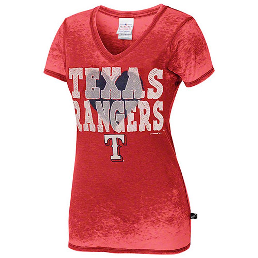 Texas Rangers Women's Heart Burnout V-Neck T-Shirt - Red