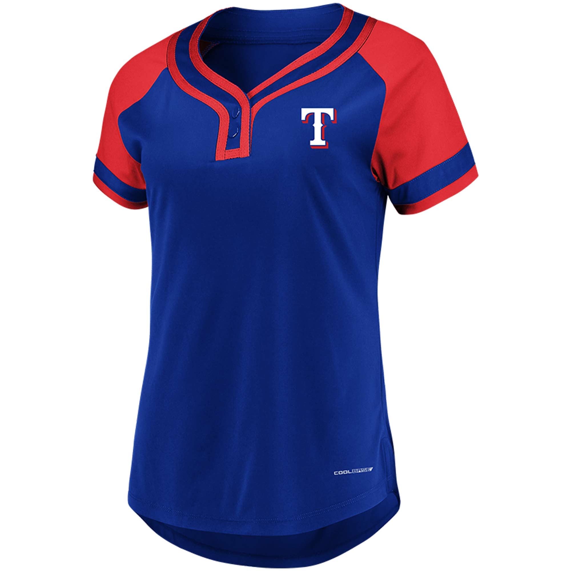 Women's Texas Rangers Majestic Royal League Diva Raglan Placket T-Shirt