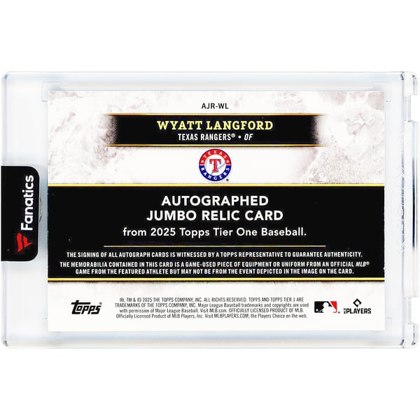 Wyatt Langford Texas Rangers Autographed 2025 Topps Tier One Blue Topps Tier One Wyatt Langford 直筆サイン /49