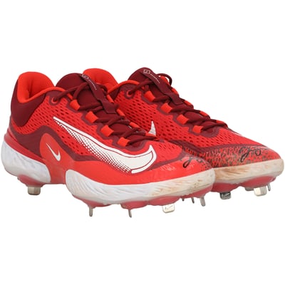 George Springer Toronto Blue Jays Autographed Fanatics Authentic Game-Used Red Nike Cleats from the 2025 MLB Season - NF70447585-86