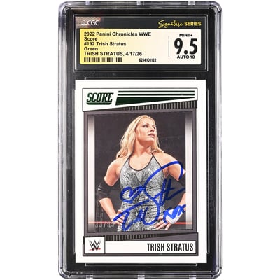 Trish Stratus WWE Autographed 2022 Panini Chronicles WWE Green Score #192 #/99 CGC Fanatics Witnessed Authenticated 9.5/10 Card