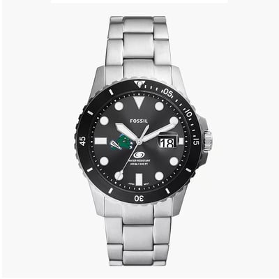 Tulane Green Wave Fossil Blue Dive Three-Hand Date Stainless Steel Watch - Silver
