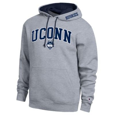  UConn Huskies Champion Arch Tackle Twill Hoodie - Heather Gray