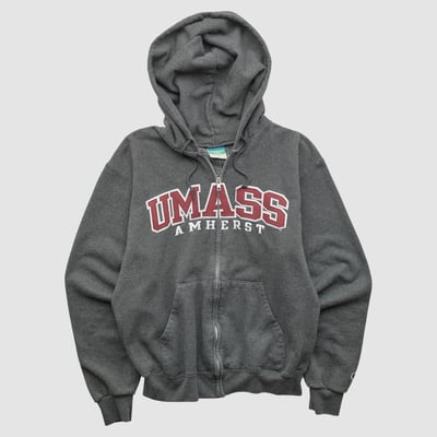 UMass Minutemen Champion 2010s Hooded Full Zip Sweatshirt - Dark Heather Gray - XXS by Fanatics Real Vintage