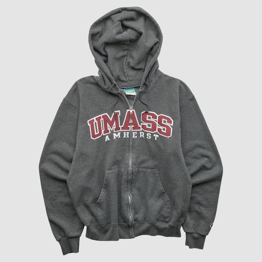 UMass Minutemen Champion 2010s Hooded Full Zip Sweatshirt - Dark Heather Gray - XXS by Fanatics Real Vintage