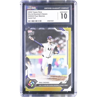 Paul Skenes USA Baseball 2026 Topps Now Logs 7Ks and Win in World Baseball Classic Debut Gold Foil #WB20 #/50 CGC Authenticated 10 Card