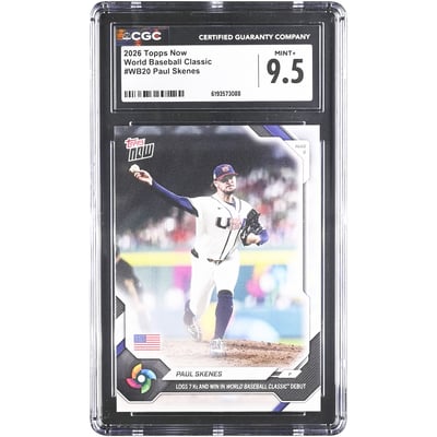 Paul Skenes USA Baseball 2026 Topps Now Logs 7Ks and Win in World Baseball Classic Debut #WB20 CGC Authenticated 9.5 Card