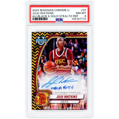 JuJu Watkins USC Trojans Autographed 2024 Bowman Chrome U 1st Bowman Black & Gold Stealth Refractor #37 #2/24 PSA Authenticated 8 Card with "WBCA FOTY" Inscription