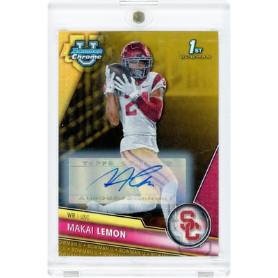Makai Lemon USC Trojans Autographed 2023 Bowman Chrome U 1st Bowman Gold Refractor #160 #18/50 Card