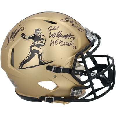 Marcus Allen, Carson Palmer & Caleb Williams USC Trojans Autographed Fanatics Authentic Riddell Heisman Gold Speed Authentic Helmet with Multiple Heisman Inscriptions