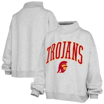  USC Trojans Pressbox Women's Oversized Slogan Fleece Mock Neck Sweatshirt - Ash