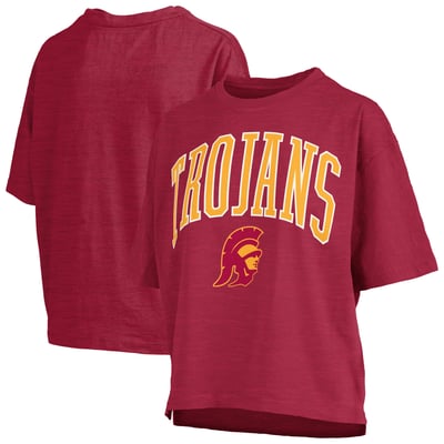 USC Trojans Pressbox Women's Oversized Nelson Arch Over Logo Slub T-Shirt - Cardinal