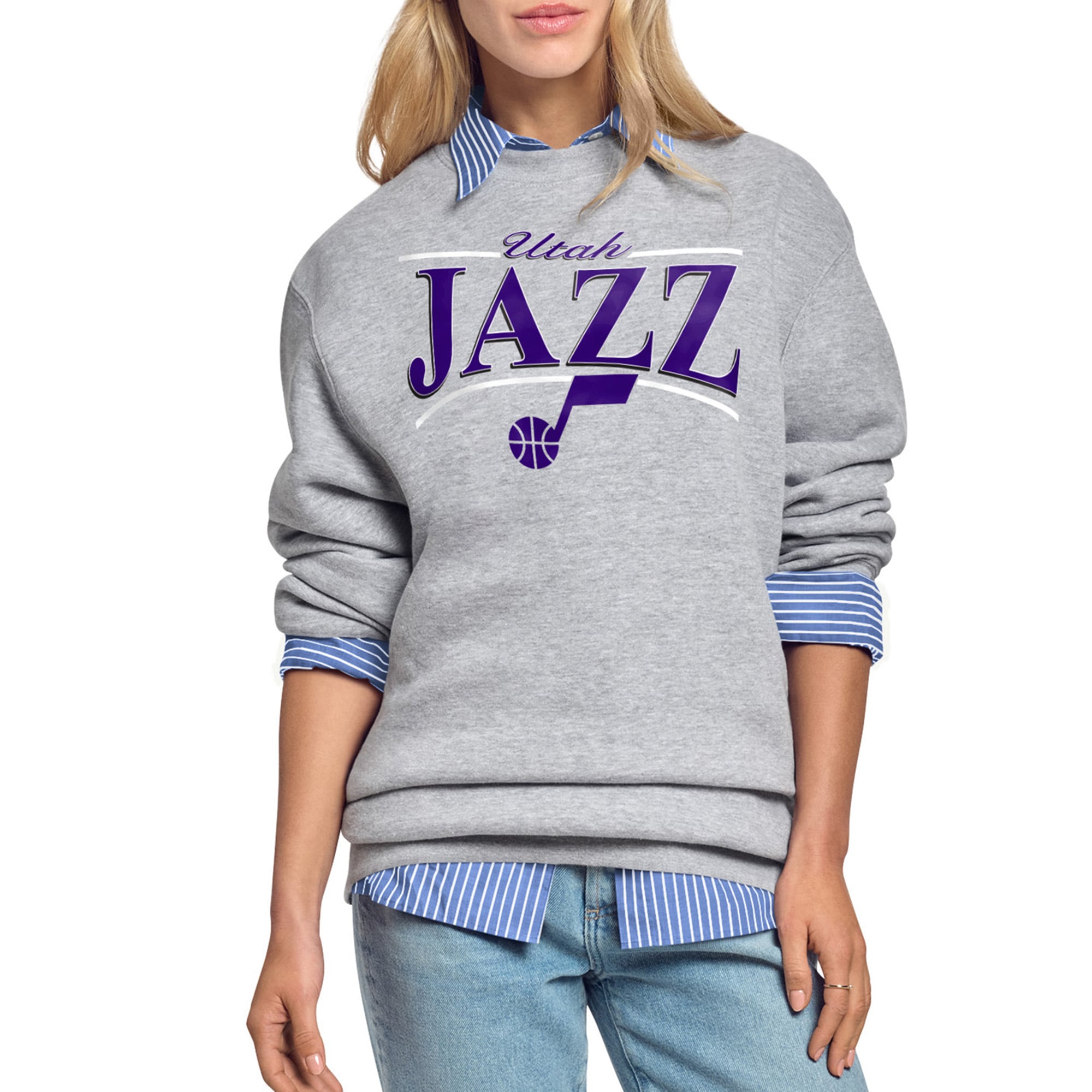 Women's Utah Jazz Starter Gray Arch Stripe Fleece Crewneck Sweatshirt