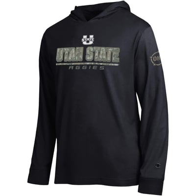  Utah State Aggies Champion Operation Hat Trick Camo Script Hooded Long Sleeve T-Shirt - Black