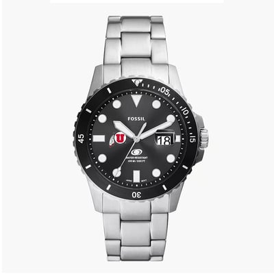 Utah Utes Fossil Blue Dive Three-Hand Date Stainless Steel Watch - Silver