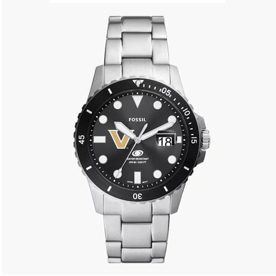 Vanderbilt Commodores Fossil Blue Dive Three-Hand Date Stainless Steel Watch - Silver