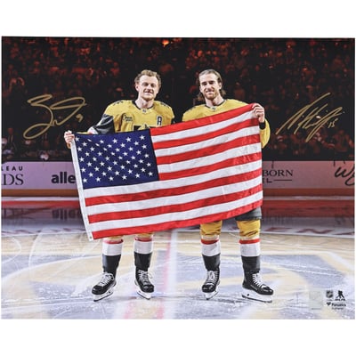 Jack Eichel & Noah Hanifin Vegas Golden Knights Autographed Fanatics Authentic 16" x 20" Pregame Holding USA Flag Photograph