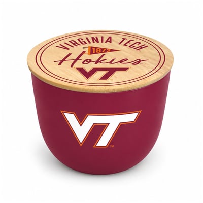 Virginia Tech Hokies Pegasus Script Circle Wood Top 16oz. Ceramic Candle