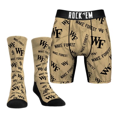  Wake Forest Demon Deacons Rock Em Socks Allover Logo Underwear and Crew Socks Combo Pack - Tan