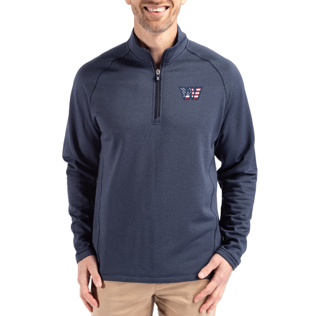 Washington Commanders Cutter & Buck Peshastin Eco Fleece Tri-Blend Raglan Recycled Quarter-Zip Jacket -  Heather Navy