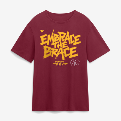 Jayden Daniels Washington Commanders Embrace the Brace T-Shirt - Burgundy