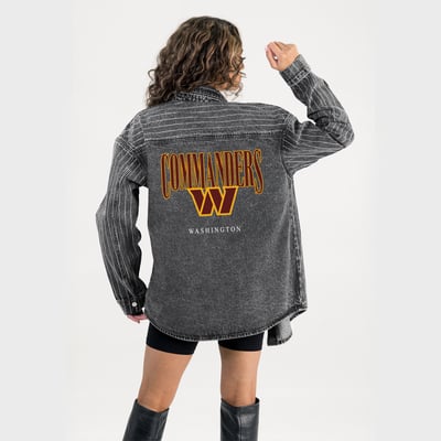  Washington Commanders Gameday Couture Women's End Zone Energy Rhinestone Washed Full-Snap Denim Overshirt - Black