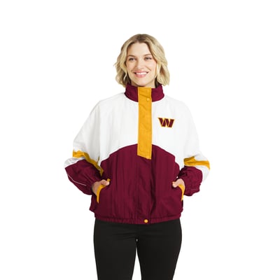  Washington Commanders WEAR by Erin Andrews Women's Crinkle Full-Zip Hooded Windbreaker Jacket - White/Burgundy