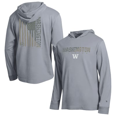  Washington Huskies Champion Operation Hat Trick Flag Hooded Long Sleeve T-Shirt - Heather Gray