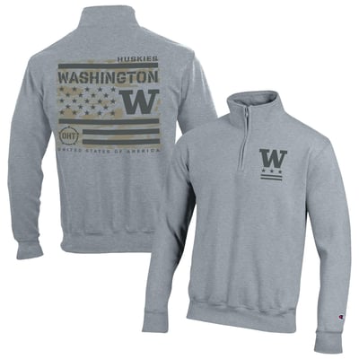  Washington Huskies Champion Operation Hat Trick Flag Powerblend Fleece Quarter-Zip Pullover - Heather Gray