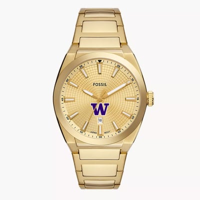  Washington Huskies Fossil Everett Three-Hand Date  Stainless Steel Watch - Gold