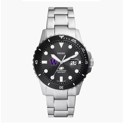 Washington Huskies Fossil Blue Dive Three-Hand Date Stainless Steel Watch - Silver